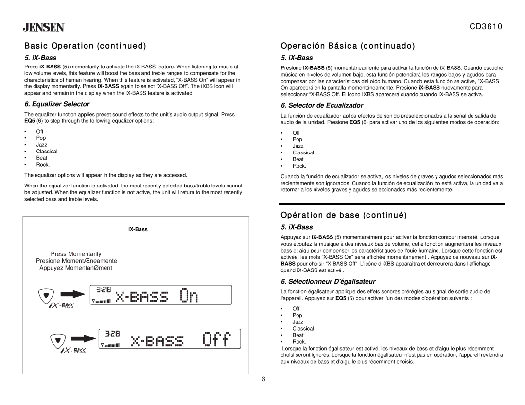 Audiovox CD 3610 owner manual CD3610 Operación Básica continuado, IX-Bass, Equalizer Selector, Selector de Ecualizador 
