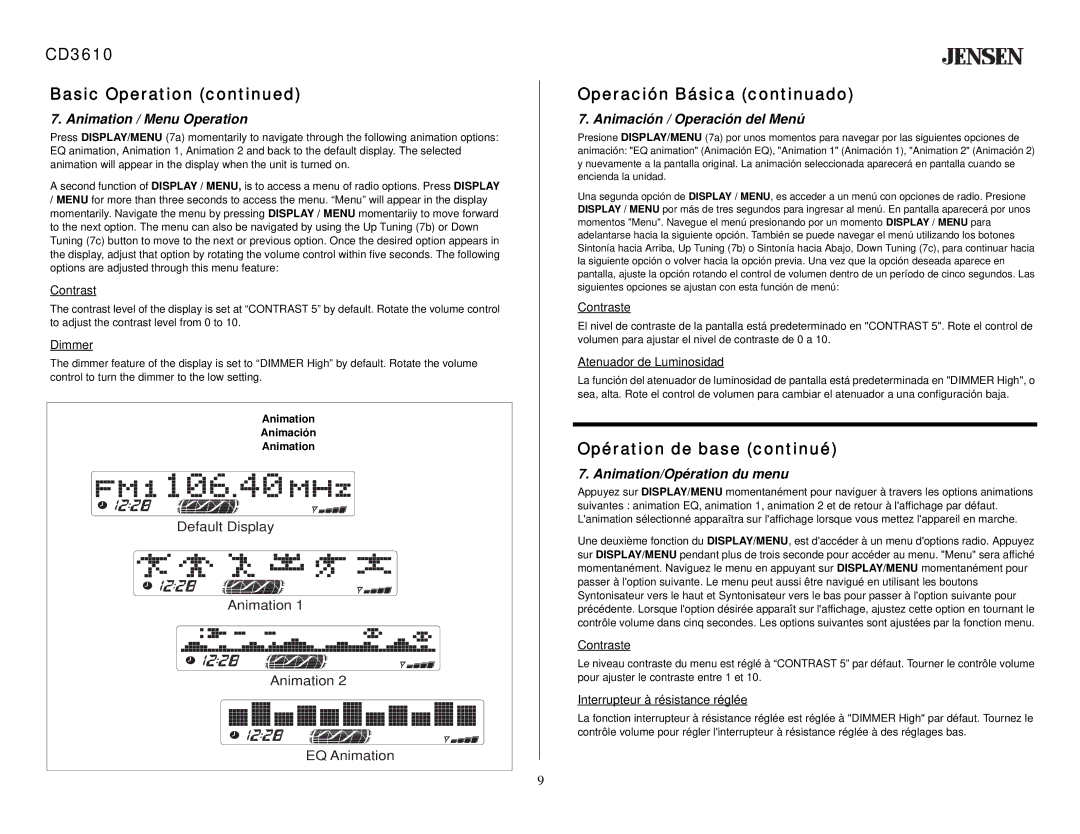 Audiovox CD 3610 owner manual Animation / Menu Operation, Animación / Operación del Menú, Animation/Opération du menu 