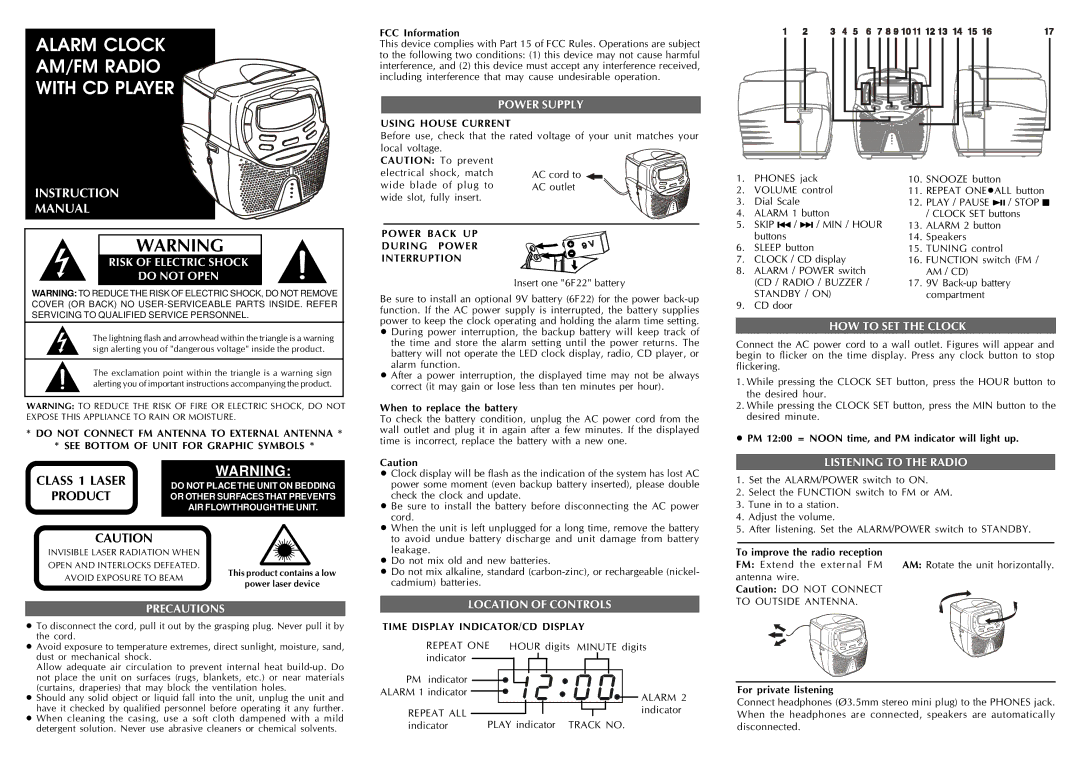 Audiovox CD Alarm Clock instruction manual Alarm Clock AM/FM Radio With CD Player 