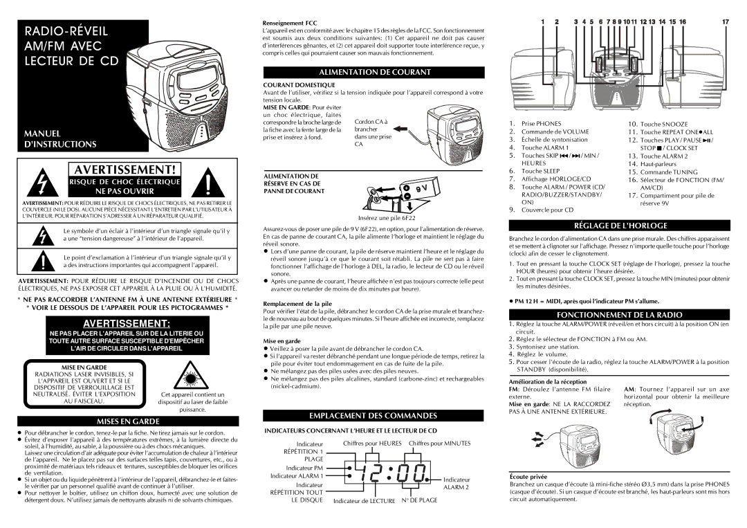 Audiovox CD Alarm Clock instruction manual RADIO-RÉVEIL AM/FM Avec Lecteur DE CD, Avertissement 