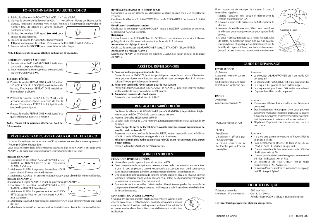 Audiovox CD Alarm Clock Fonctionnement DU Lecteur DE CD, Arrêt DU Réveil Sonore, Guide DE Dépannage, Soin ET Entretien 