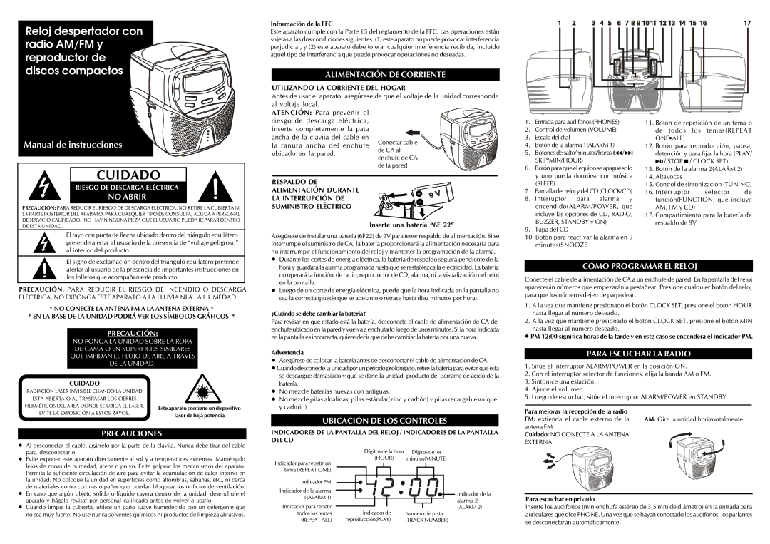 Audiovox CD Alarm Clock instruction manual Cuidado, No Abrir, Precauciones, Cómo Programar EL Reloj, Para Escuchar LA Radio 