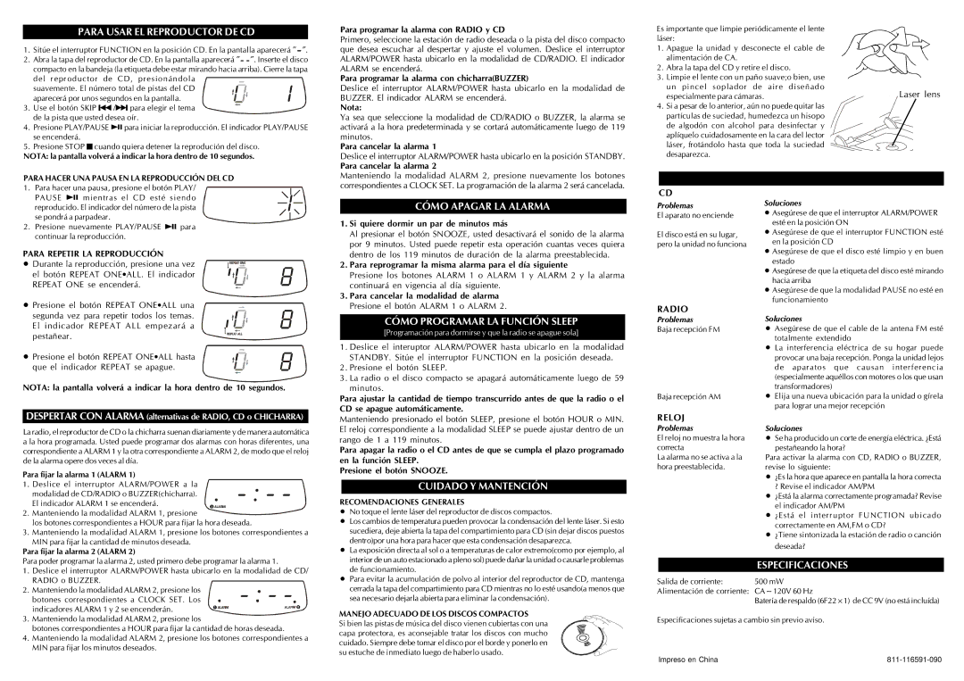 Audiovox CD Alarm Clock Para Usar EL Reproductor DE CD, Cómo Apagar LA Alarma, Cómo Programar LA Función Sleep 