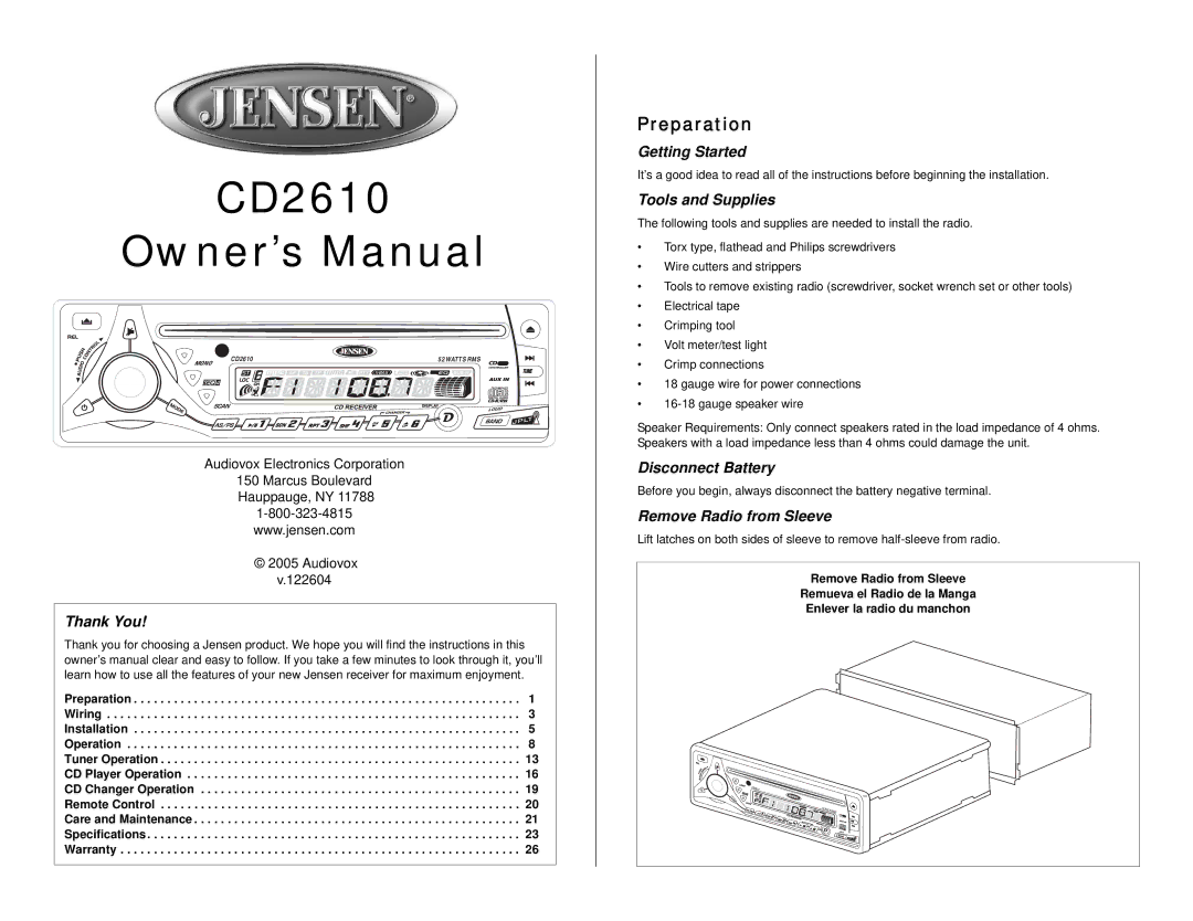 Audiovox CD2610 owner manual Preparation 