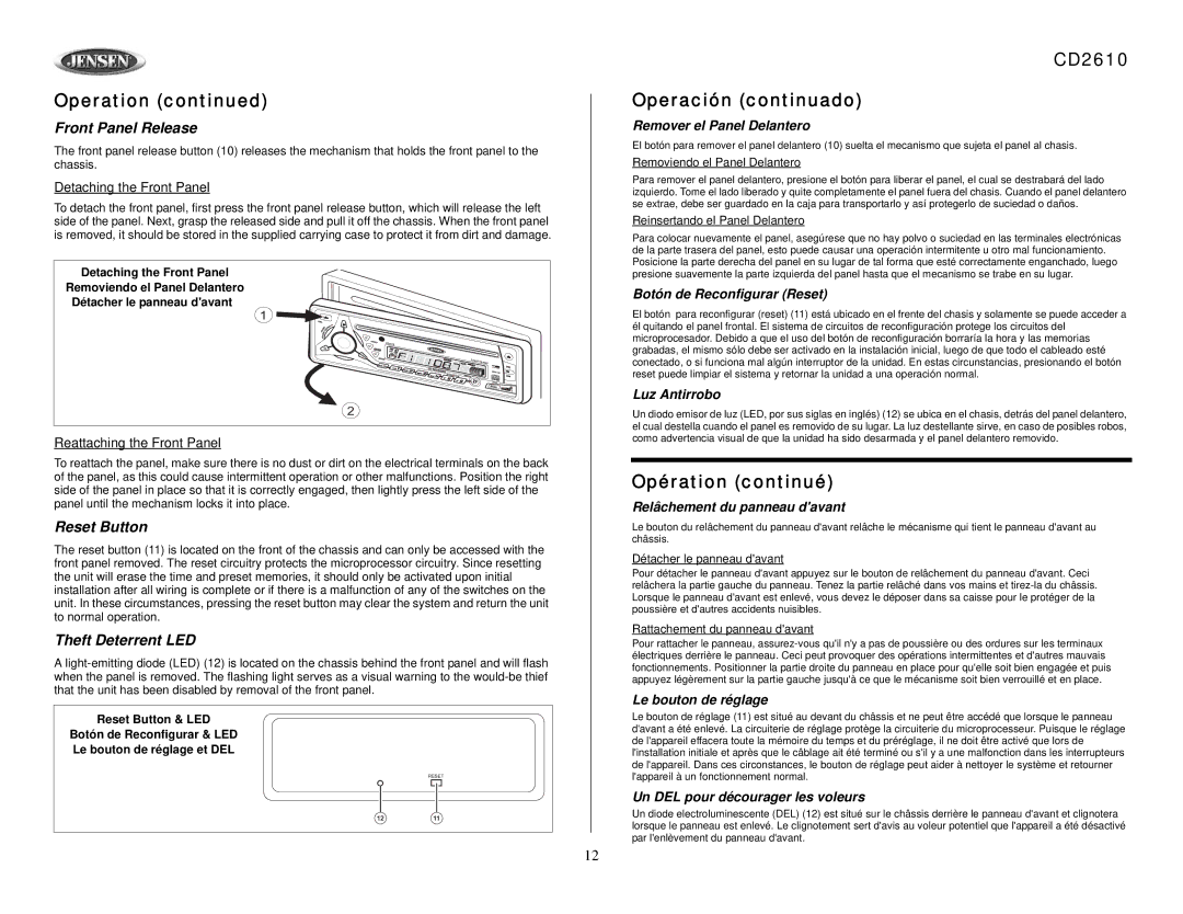 Audiovox CD2610 owner manual Front Panel Release, Reset Button, Theft Deterrent LED 