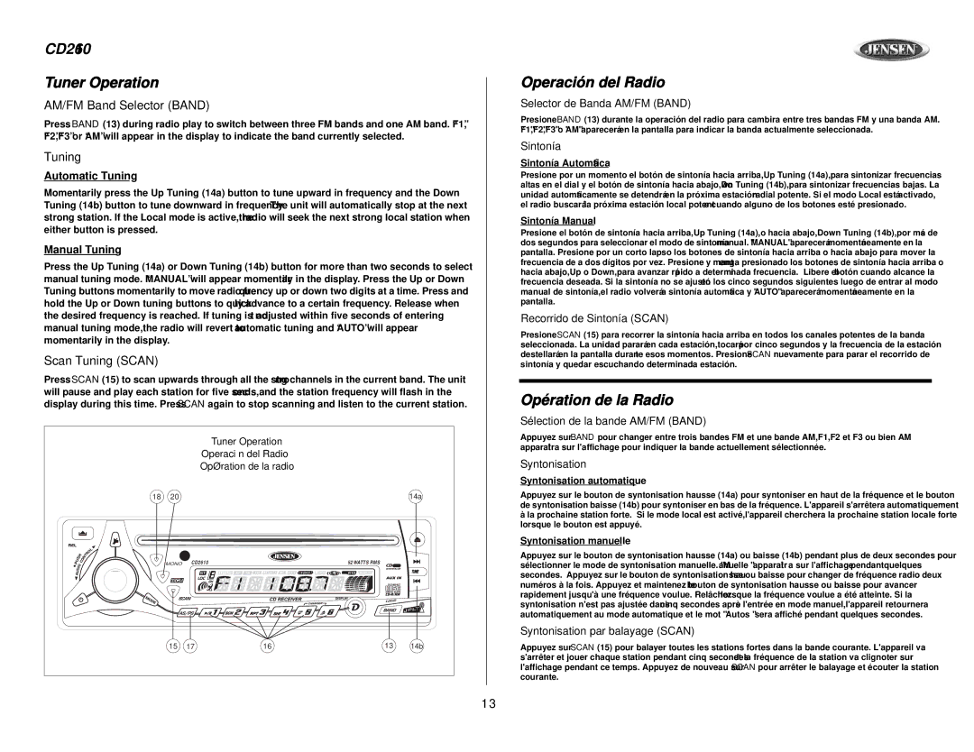 Audiovox owner manual CD2610 Tuner Operation, Operación del Radio, Opération de la Radio 