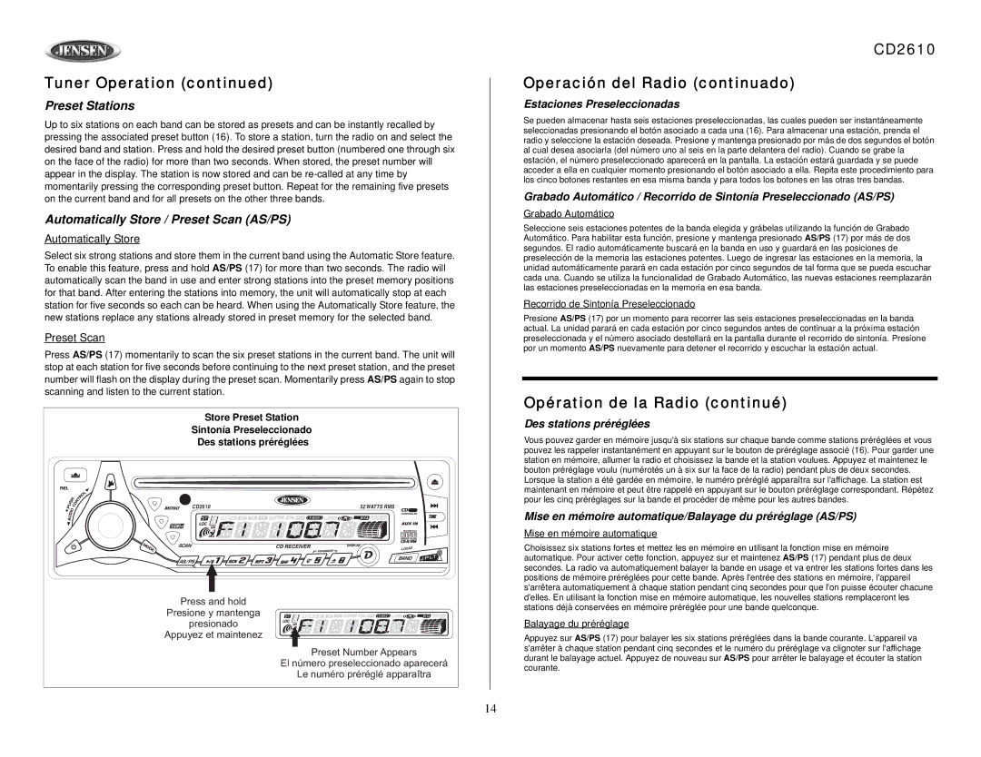 Audiovox owner manual CD2610 Operación del Radio continuado, Opération de la Radio continué, Preset Stations 