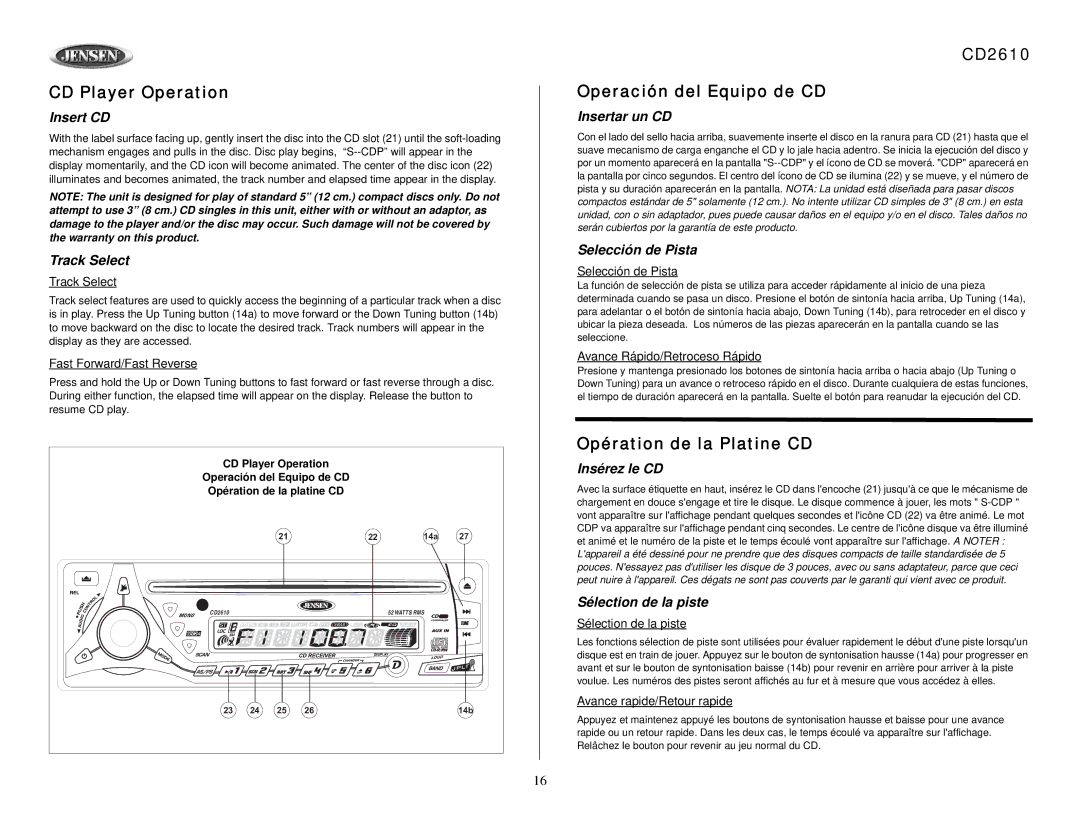 Audiovox owner manual CD Player Operation, CD2610 Operación del Equipo de CD, Opération de la Platine CD 