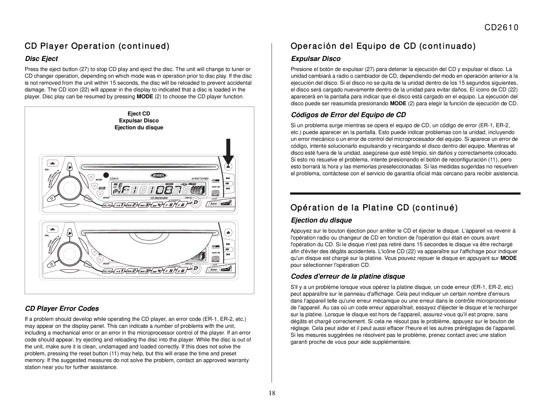 Audiovox owner manual CD2610 Operación del Equipo de CD continuado 