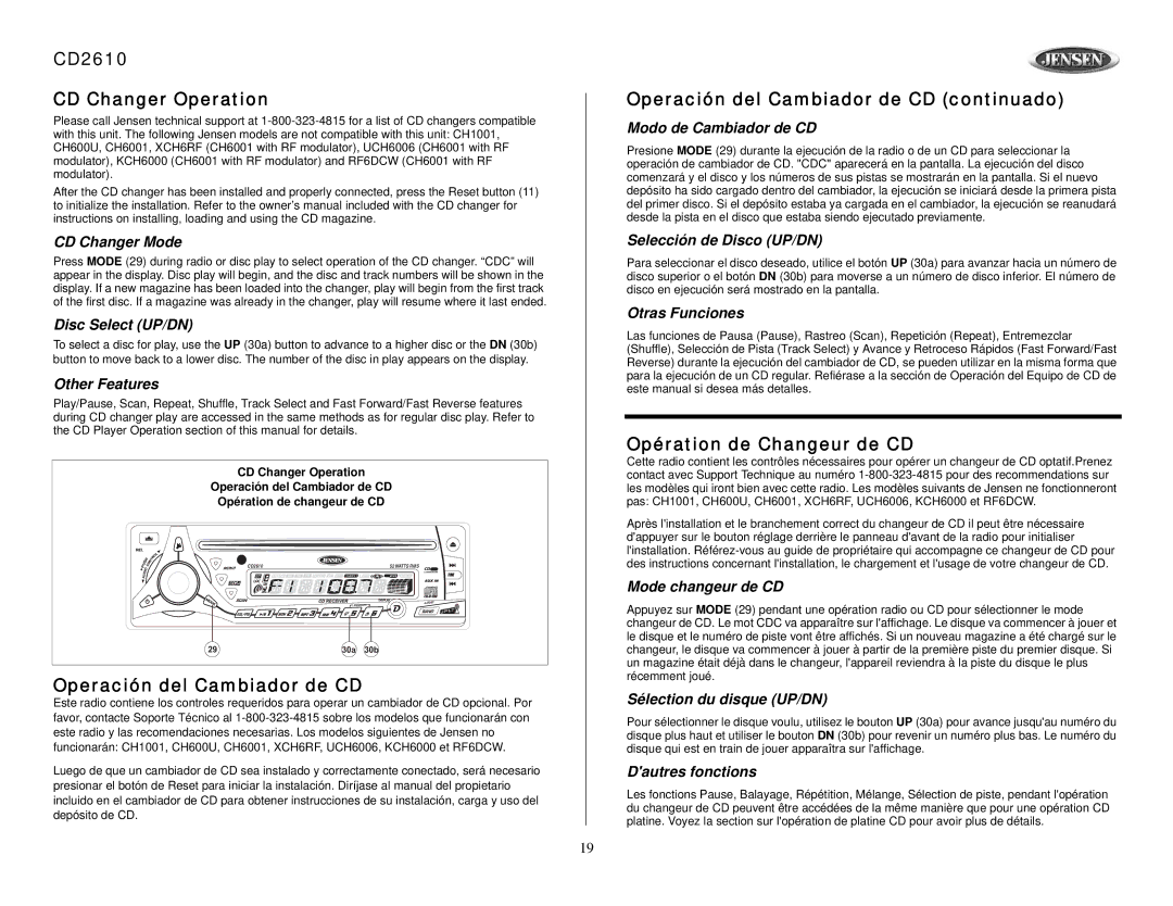 Audiovox CD2610 CD Changer Operation, Operación del Cambiador de CD continuado, Opération de Changeur de CD 