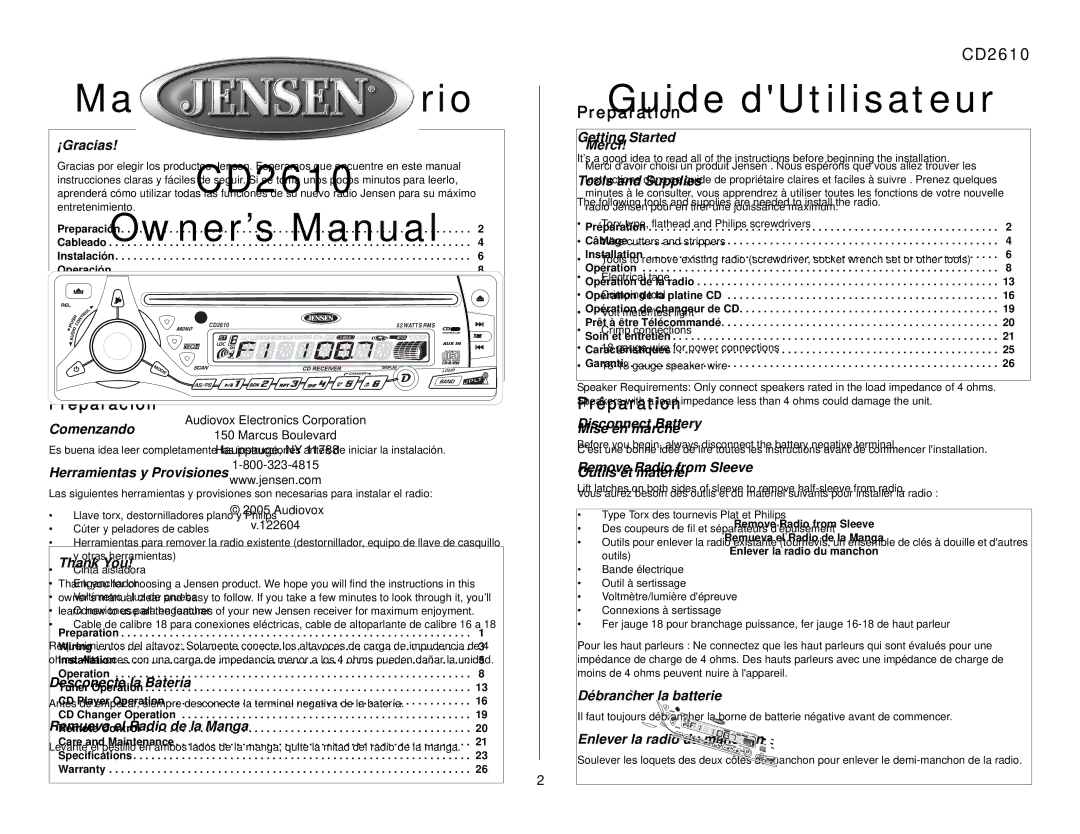 Audiovox CD2610 owner manual Preparación, Préparation 