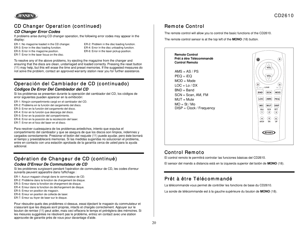 Audiovox CD2610 Remote Control, Opération de Changeur de CD continué, Control Remoto, Prêt à être Télécommandé 