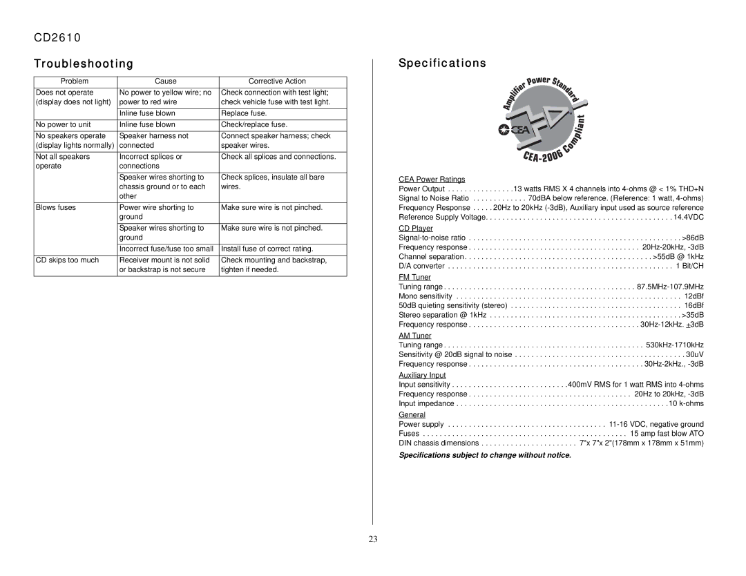 Audiovox owner manual CD2610 Troubleshooting, Specifications 