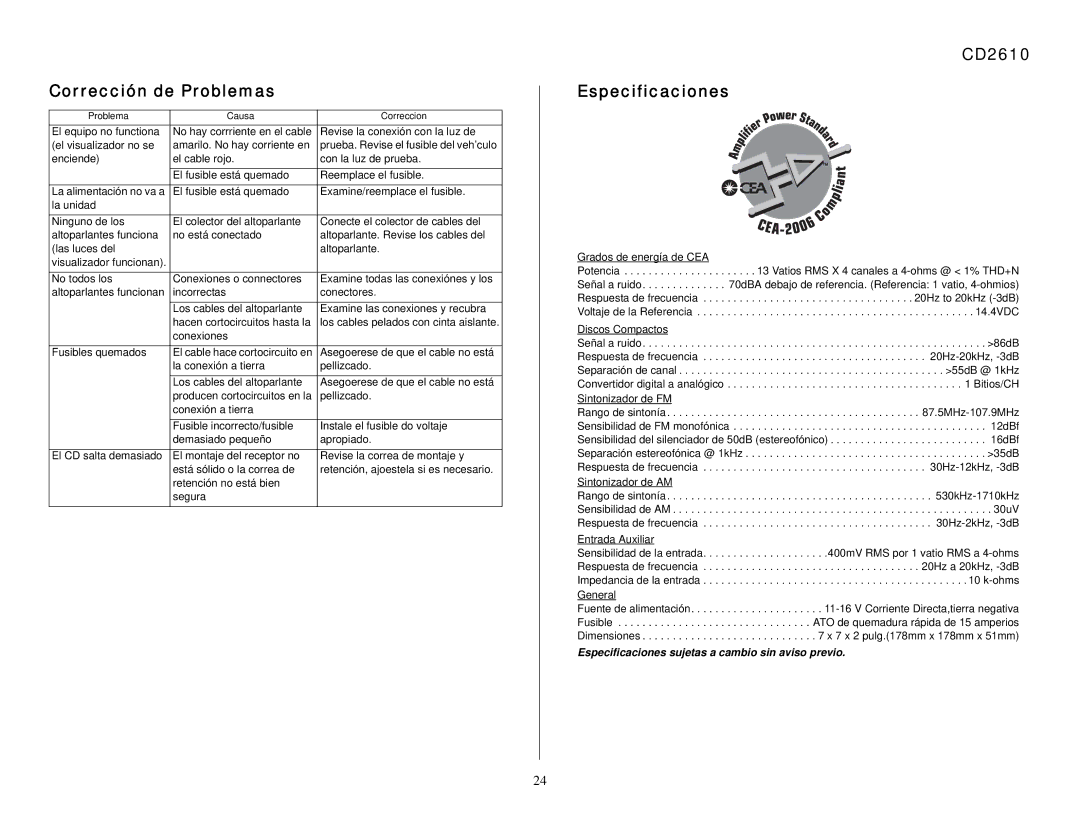 Audiovox Corrección de Problemas, CD2610 Especificaciones, Conexiones Fusibles quemados, Grados de energía de CEA 