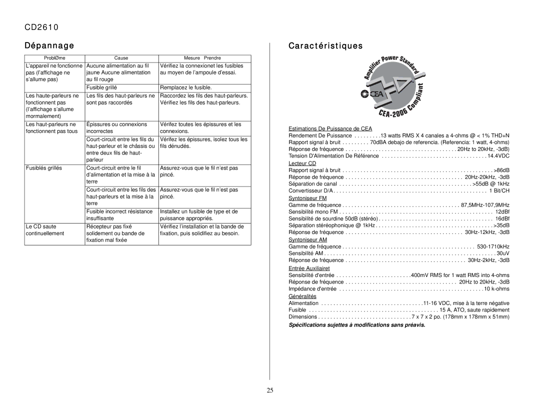 Audiovox owner manual CD2610 Dépannage, Caractéristiques, Estimations De Puissance de CEA 