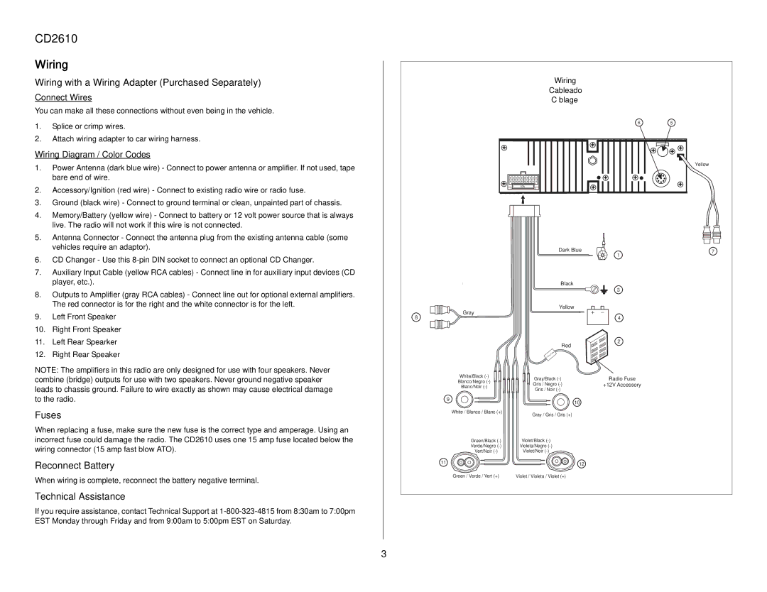 Audiovox owner manual CD2610 Wiring, Wiring with a Wiring Adapter Purchased Separately, Fuses, Reconnect Battery 