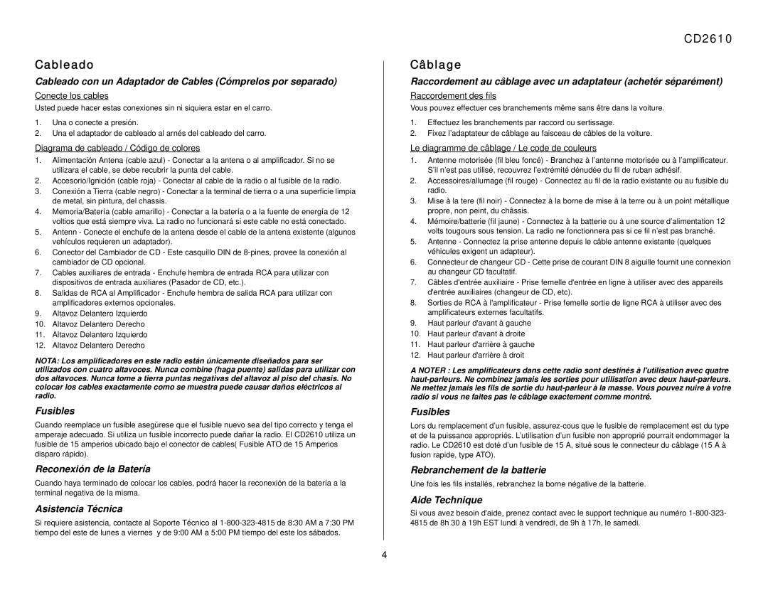 Audiovox owner manual Cableado, CD2610 Câblage 