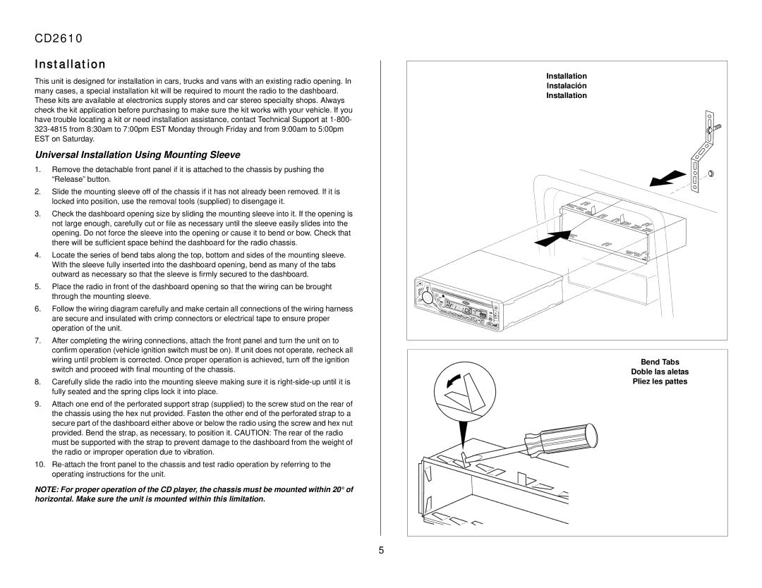 Audiovox owner manual CD2610 Installation, Universal Installation Using Mounting Sleeve 