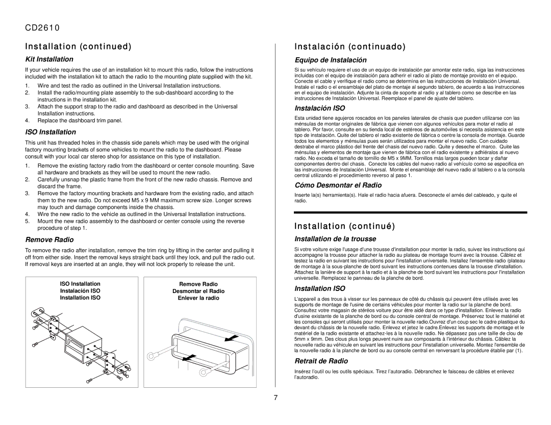 Audiovox CD2610 owner manual Instalación continuado, Installation continué 