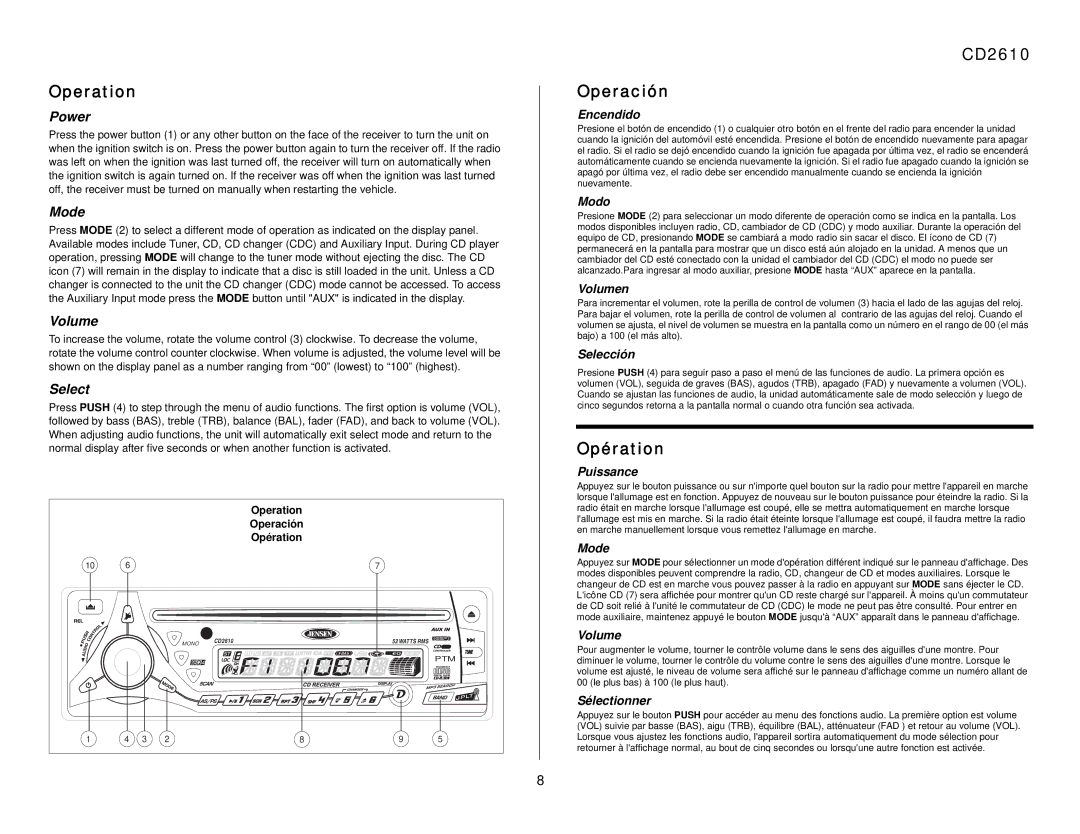 Audiovox owner manual Operation, CD2610 Operación, Opération 