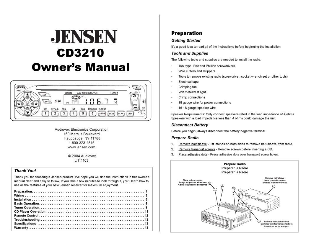 Audiovox CD3210 owner manual Preparation 