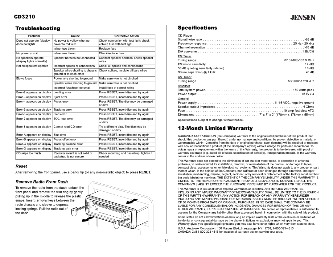 Audiovox owner manual CD3210 Troubleshooting, Specifications, Month Limited Warranty, Reset, Remove Radio From Dash 