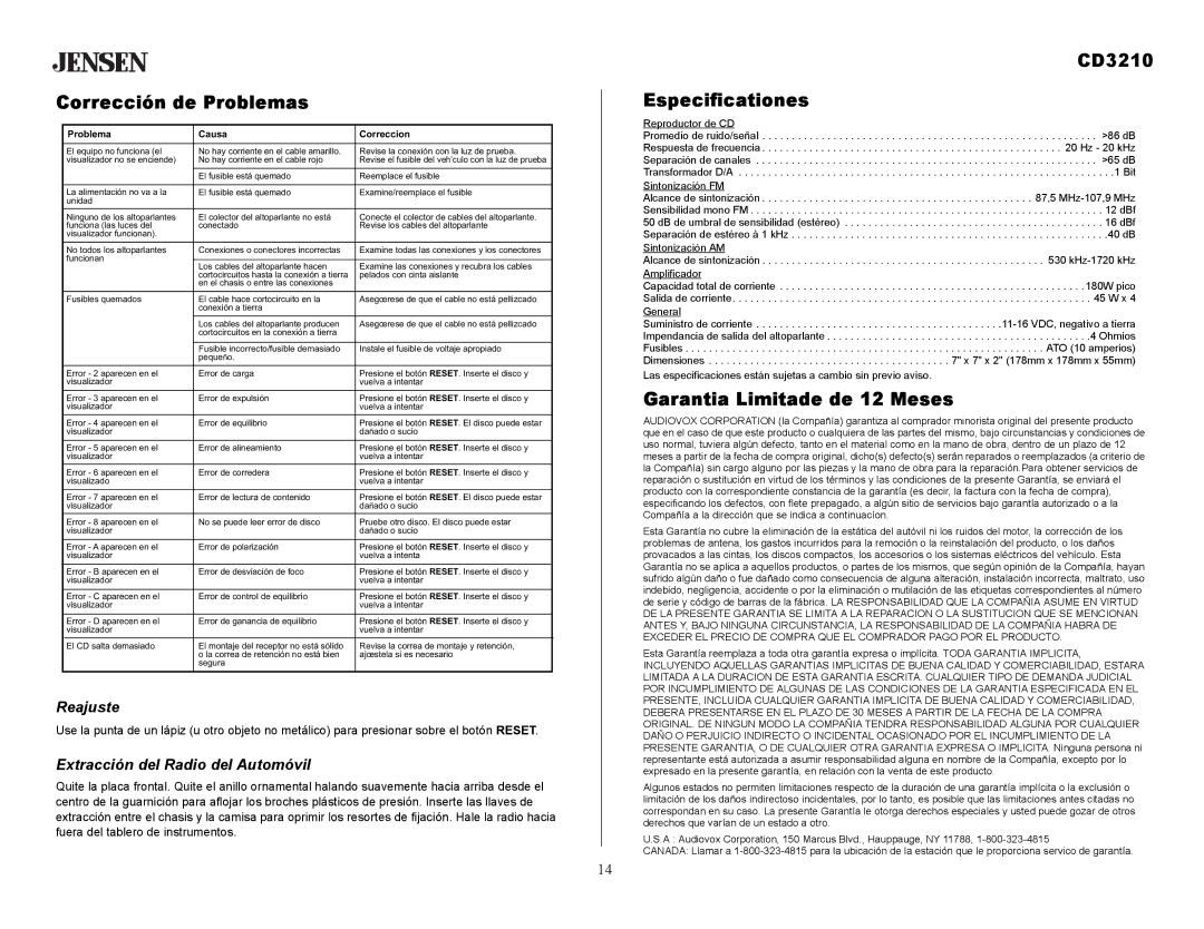 Audiovox owner manual Corrección de Problemas, CD3210 Especificationes, Garantia Limitade de 12 Meses, Reajuste 