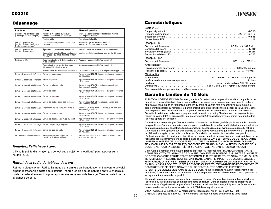 Audiovox owner manual CD3210 Dépannage, Caractéristiques, Garantie Limitée de 12 Mois, Remettez l’affichage à zéro 