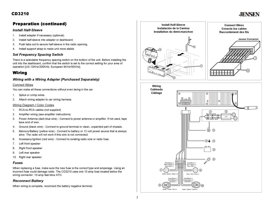 Audiovox owner manual CD3210 Preparation, Wiring 