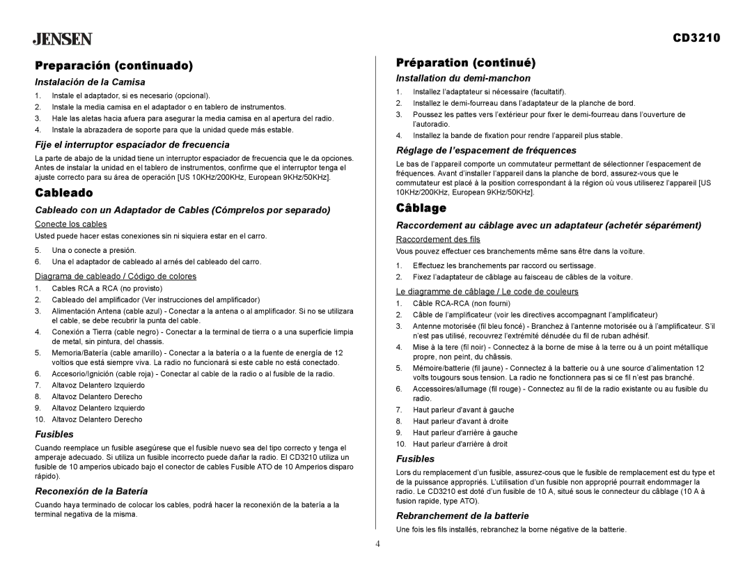 Audiovox owner manual Preparación continuado, Cableado, CD3210 Préparation continué, Câblage 