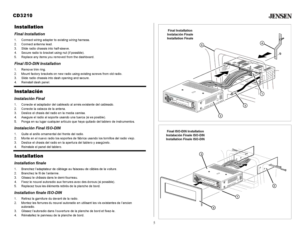 Audiovox owner manual CD3210 Installation, Instalación 