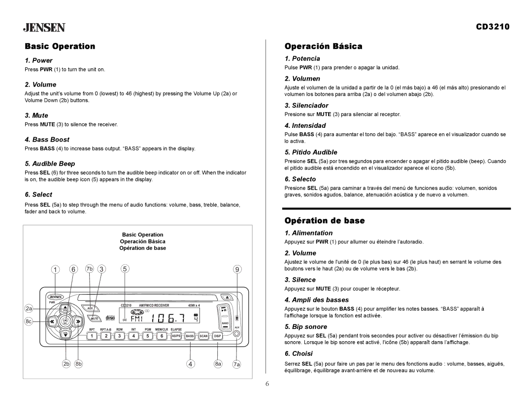 Audiovox owner manual Basic Operation, CD3210 Operación Básica, Opération de base 