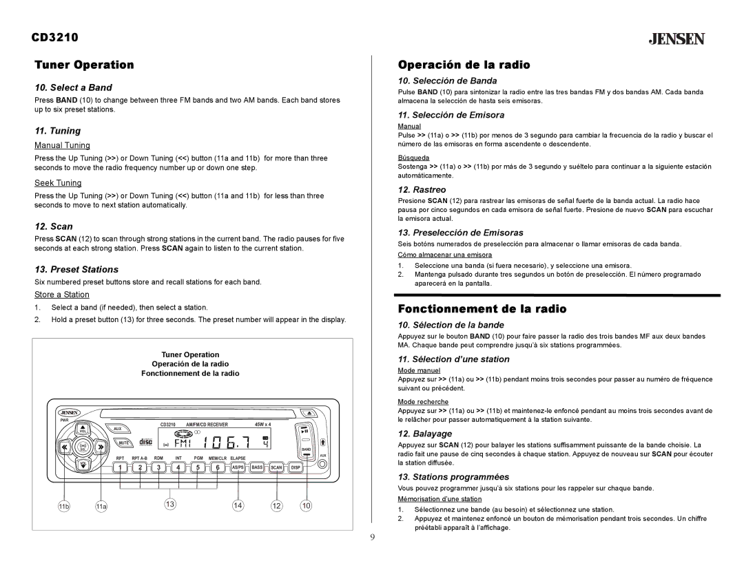 Audiovox owner manual CD3210 Tuner Operation, Operación de la radio, Fonctionnement de la radio 