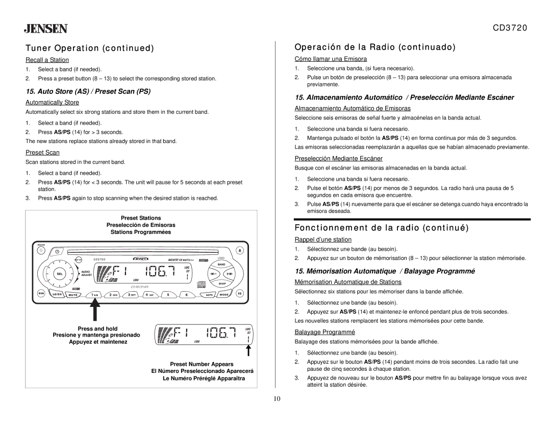 Audiovox owner manual CD3720 Operación de la Radio continuado, Auto Store AS / Preset Scan PS 