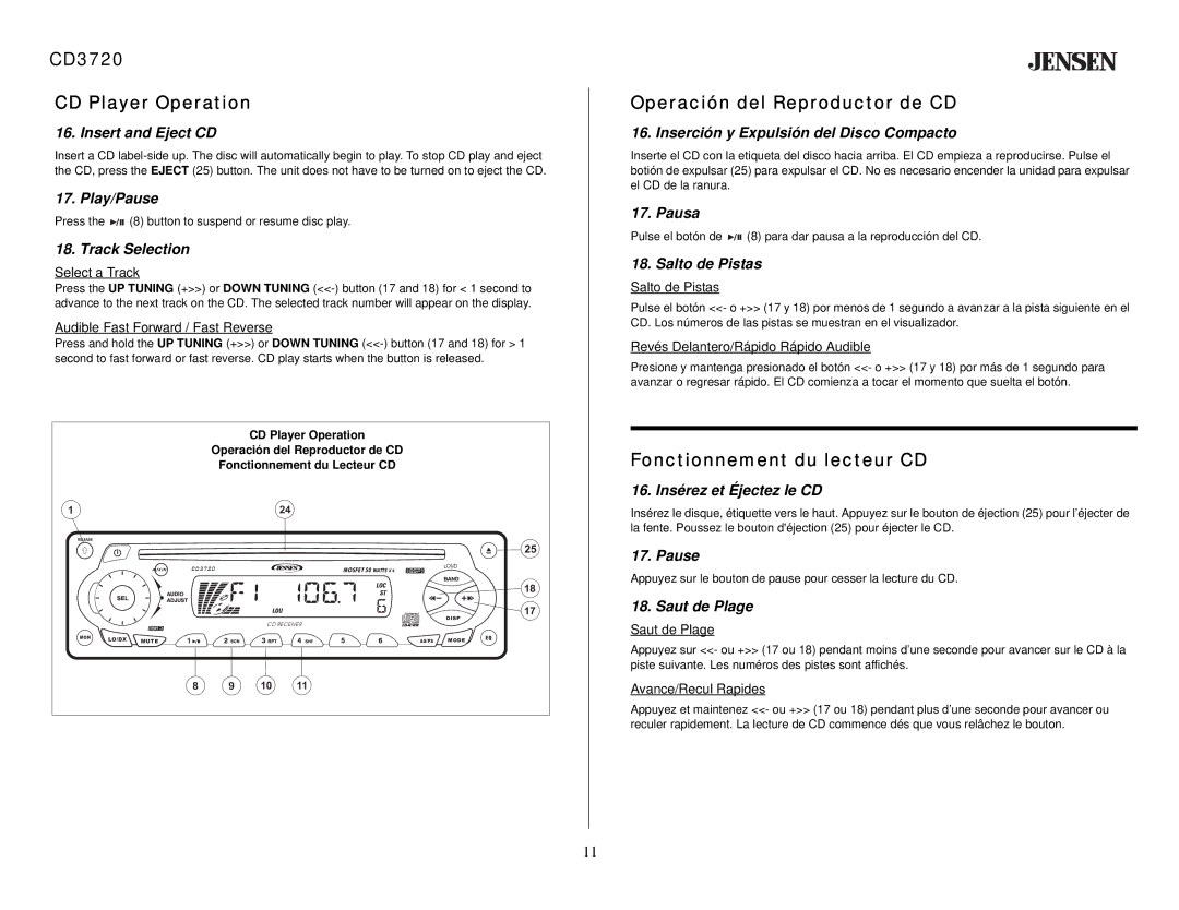 Audiovox owner manual CD3720 CD Player Operation, Operación del Reproductor de CD, Fonctionnement du lecteur CD 