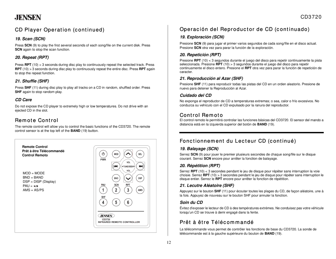 Audiovox Remote Control, CD3720 Operación del Reproductor de CD continuado, Control Remoto, Prêt à être Télécommandé 