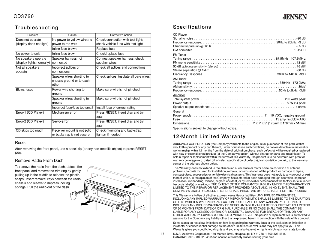 Audiovox owner manual CD3720 Troubleshooting, Specifications, Month Limited Warranty, Reset, Remove Radio From Dash 