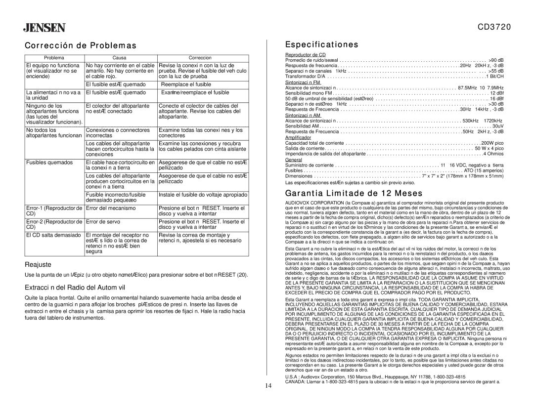 Audiovox owner manual Corrección de Problemas, CD3720 Especificationes, Garantia Limitade de 12 Meses, Reajuste 