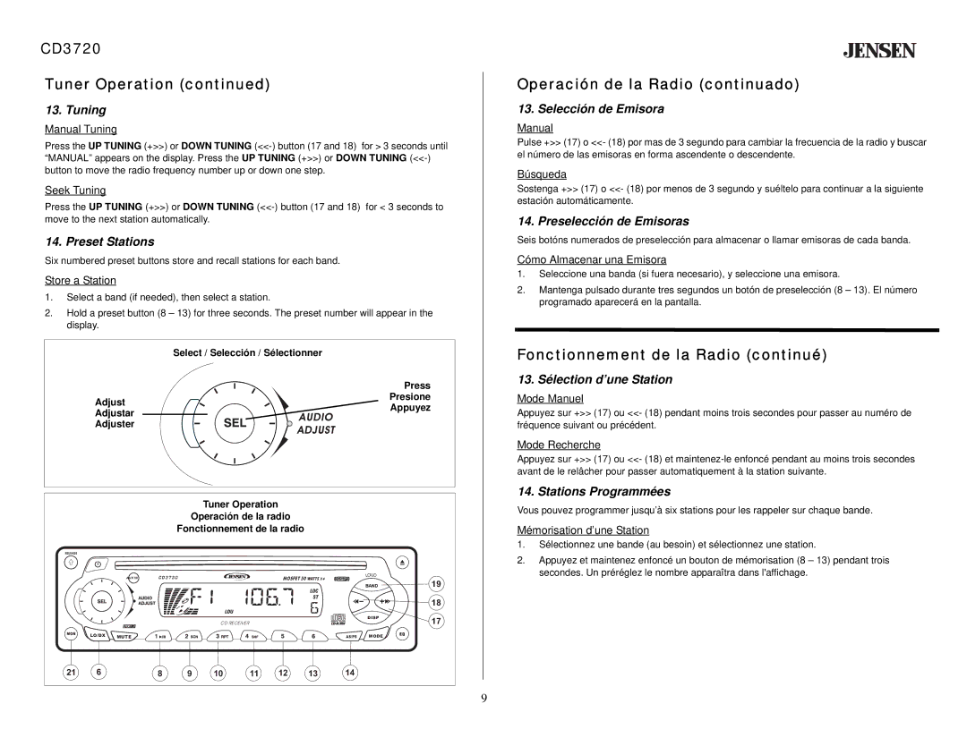 Audiovox owner manual CD3720 Tuner Operation, Operación de la Radio continuado, Fonctionnement de la Radio continué 