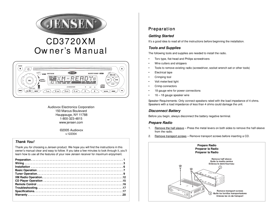 Audiovox CD3720XM owner manual Preparation 