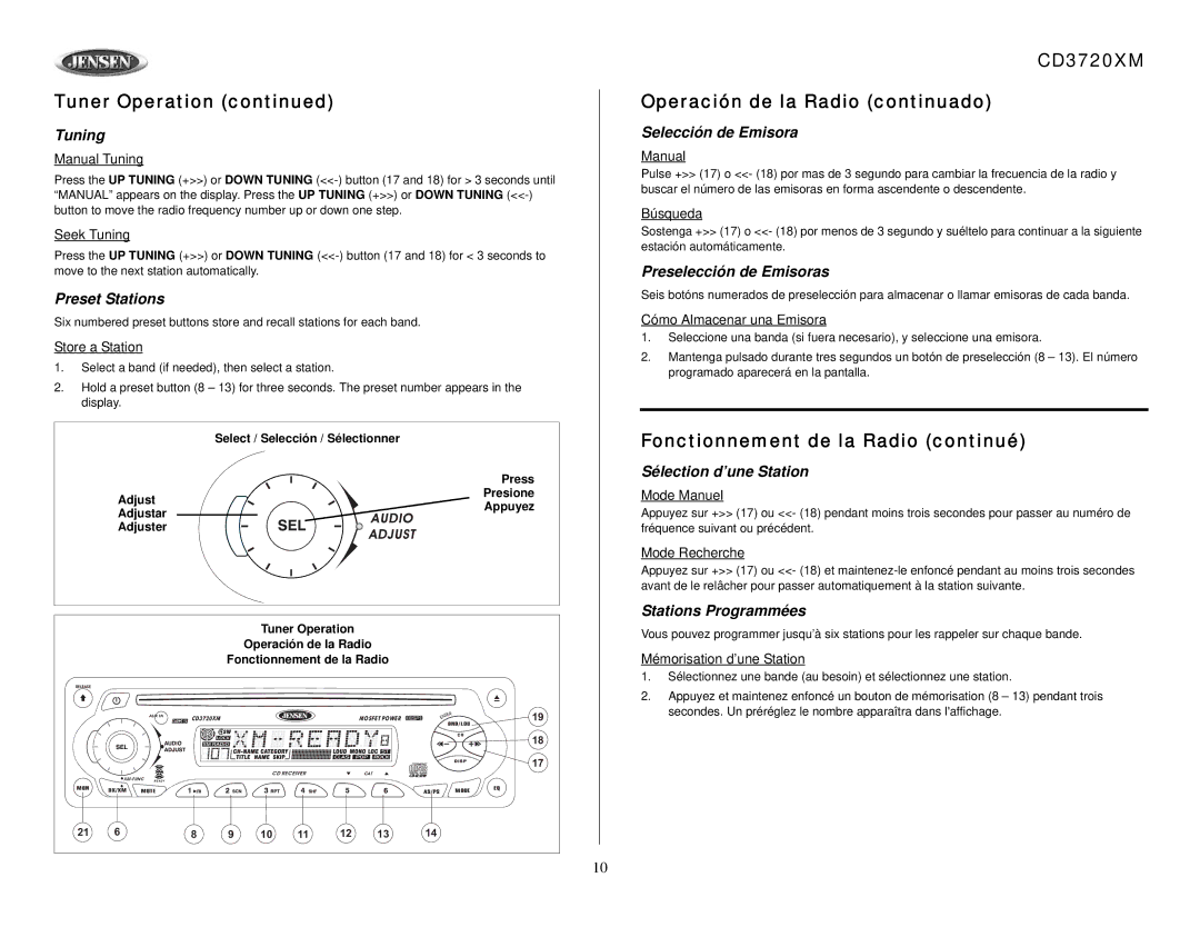 Audiovox owner manual CD3720XM Operación de la Radio continuado, Fonctionnement de la Radio continué 