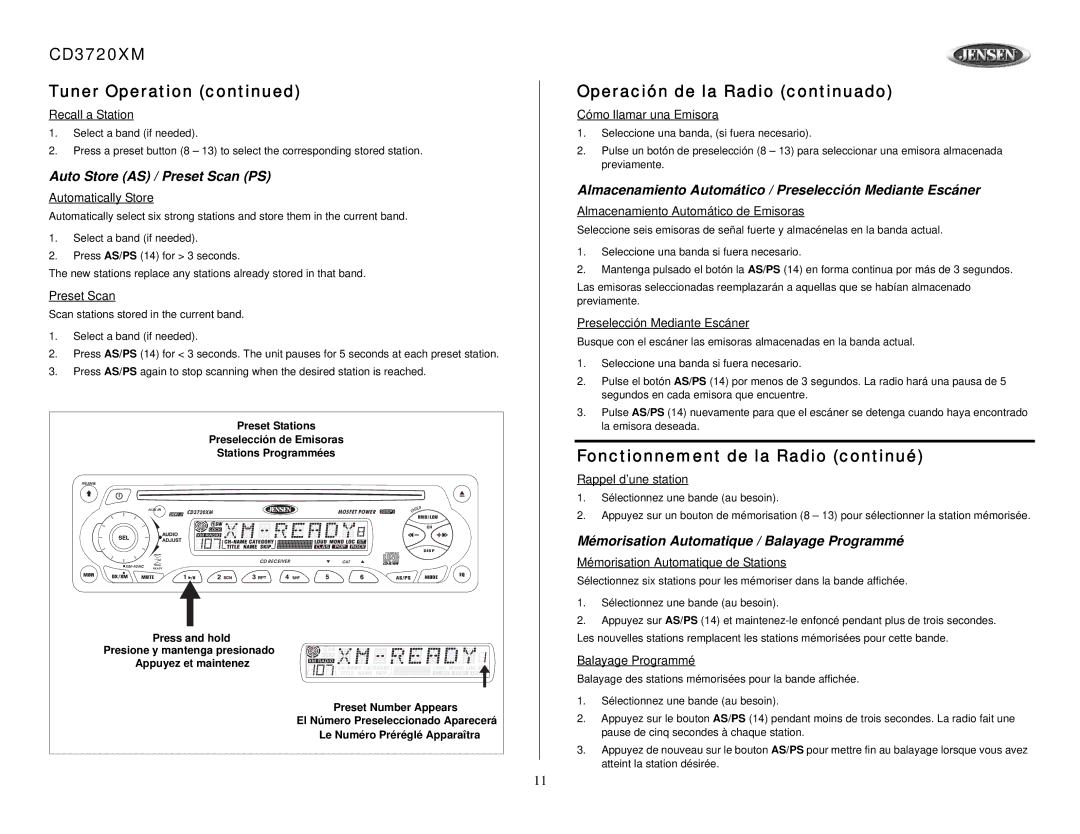 Audiovox CD3720XM Tuner Operation, Auto Store AS / Preset Scan PS, Mémorisation Automatique / Balayage Programmé 