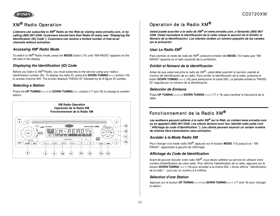 Audiovox owner manual XM Radio Operation, CD3720XM Operation de la Radio XM, Fonctionnement de la Radio XM 