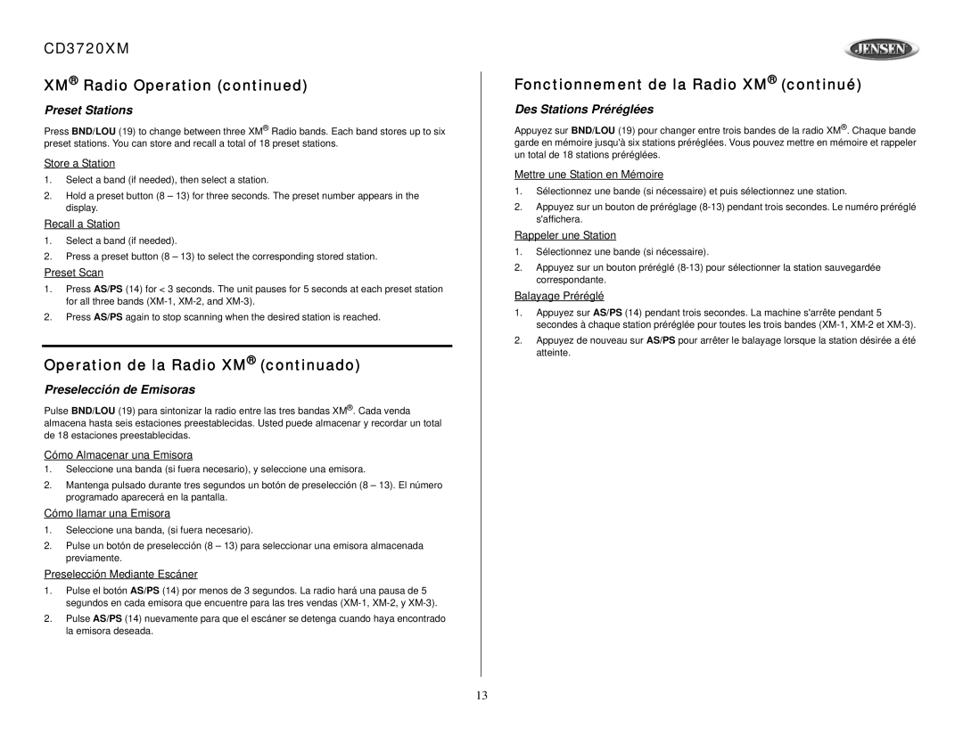 Audiovox CD3720XM XM Radio Operation, Operation de la Radio XM continuado, Fonctionnement de la Radio XM continué 