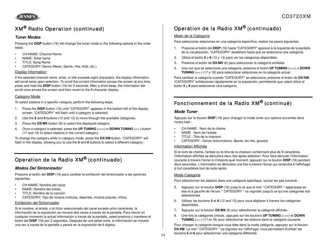 Audiovox owner manual CD3720XM Operation de la Radio XM continuado, Tuner Modes, Modos Del Sintonizador, Mode Tuner 