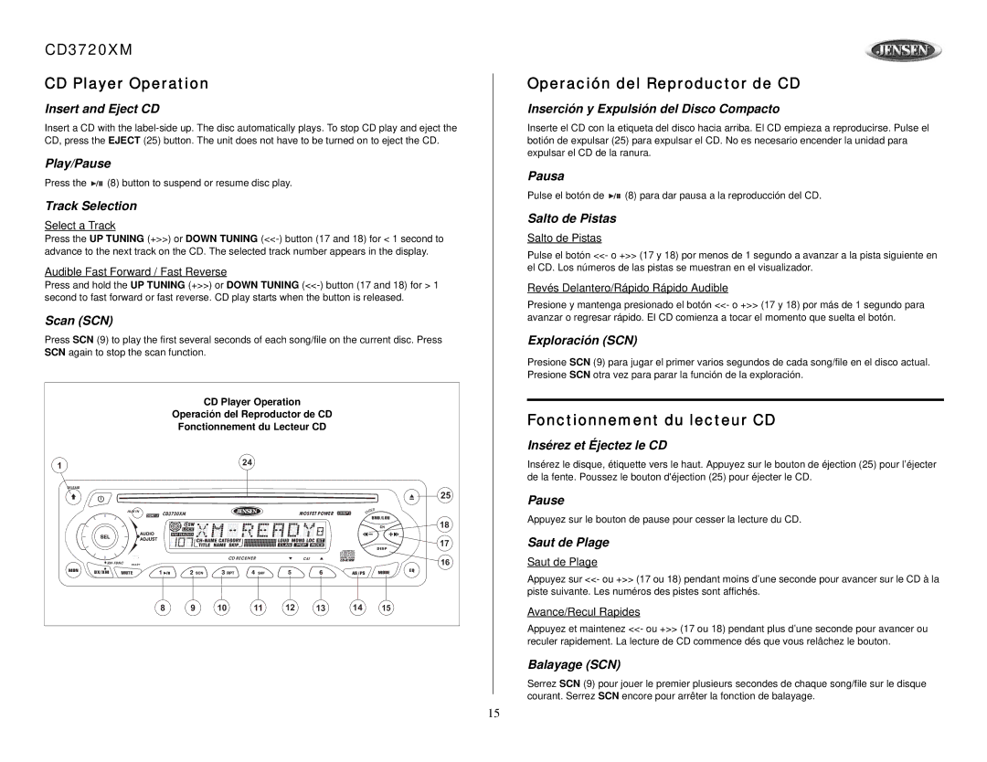 Audiovox owner manual CD3720XM CD Player Operation, Operación del Reproductor de CD, Fonctionnement du lecteur CD 