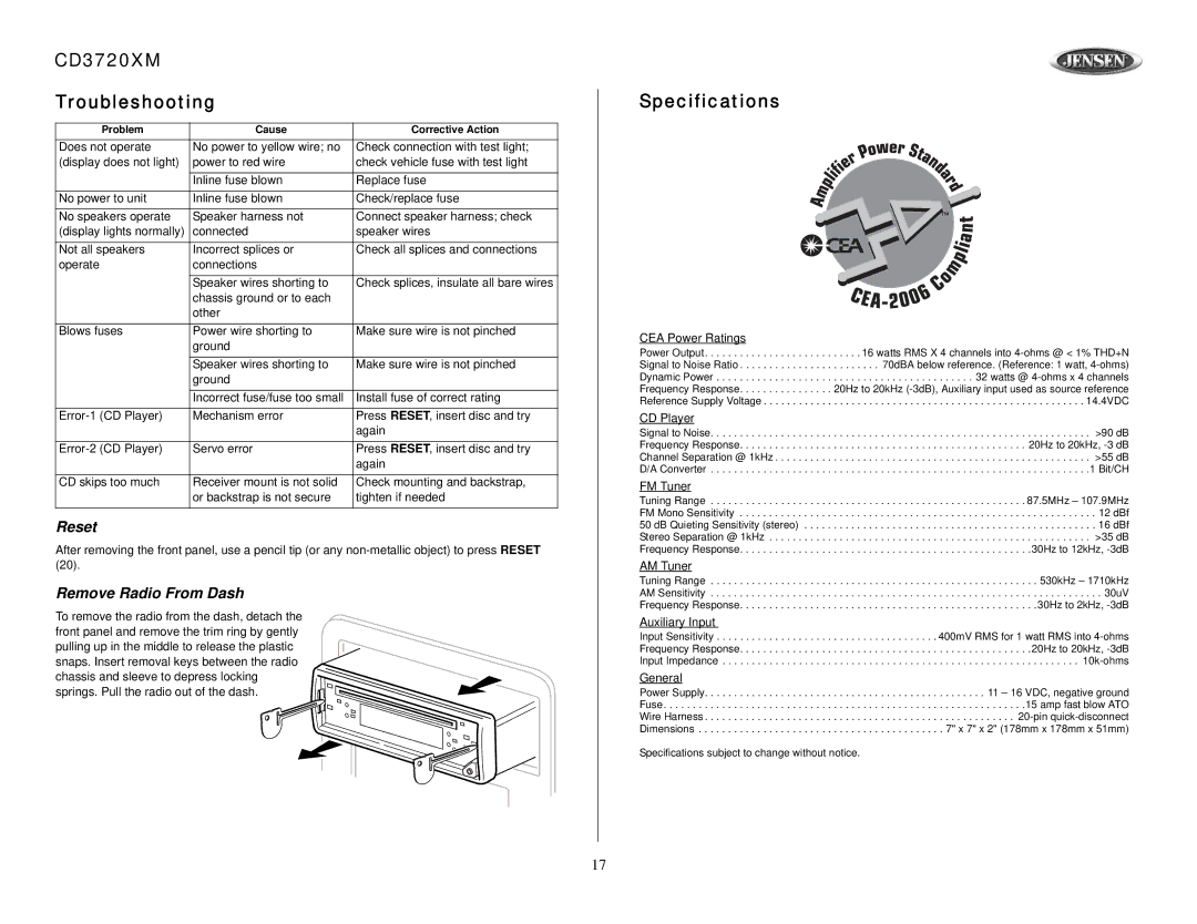 Audiovox owner manual CD3720XM Troubleshooting, Specifications, Reset, Remove Radio From Dash 