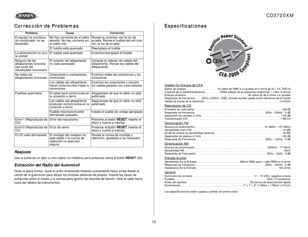 Audiovox owner manual Corrección de Problemas, CD3720XM Especificationes, Reajuste, Extracción del Radio del Automóvil 