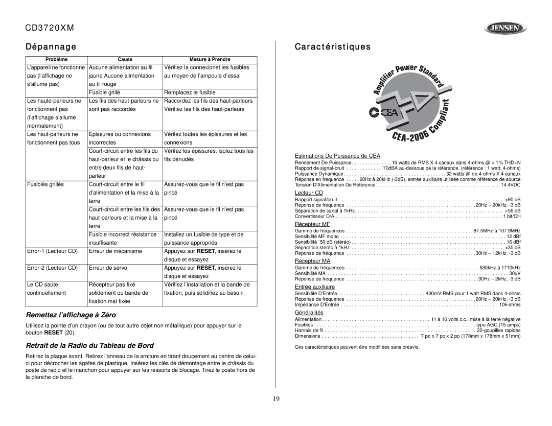 Audiovox CD3720XM Dépannage, Caractéristiques, Remettez l’affichage à Zéro, Retrait de la Radio du Tableau de Bord 