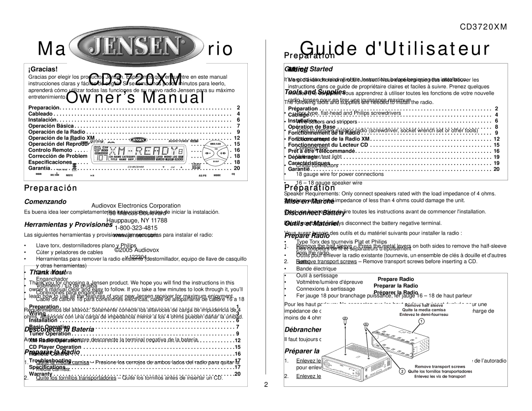 Audiovox CD3720XM owner manual Preparación, Préparation 